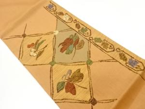 格子に草花模様織出し袋帯